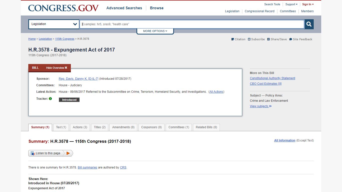 H.R.3578 - Expungement Act of 2017 115th Congress (2017-2018)